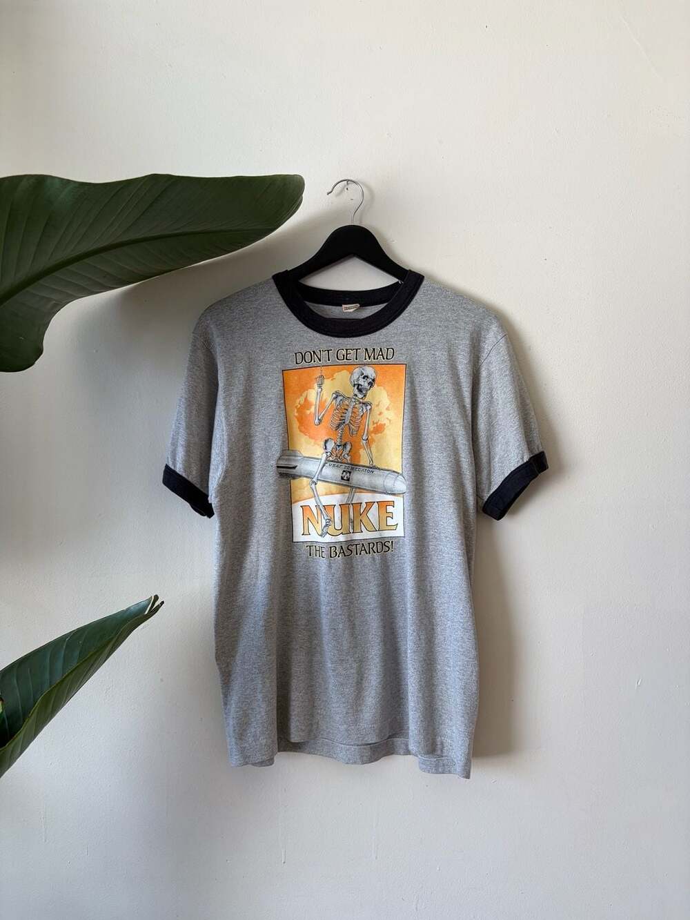 Vintage 1980s Screen Stars Don't Get Mad Nuke The Bastards Ringer T-Shirt Gray L